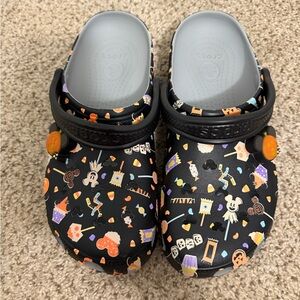 CROCS Black Halloween Print Clogs with Orange Accents
